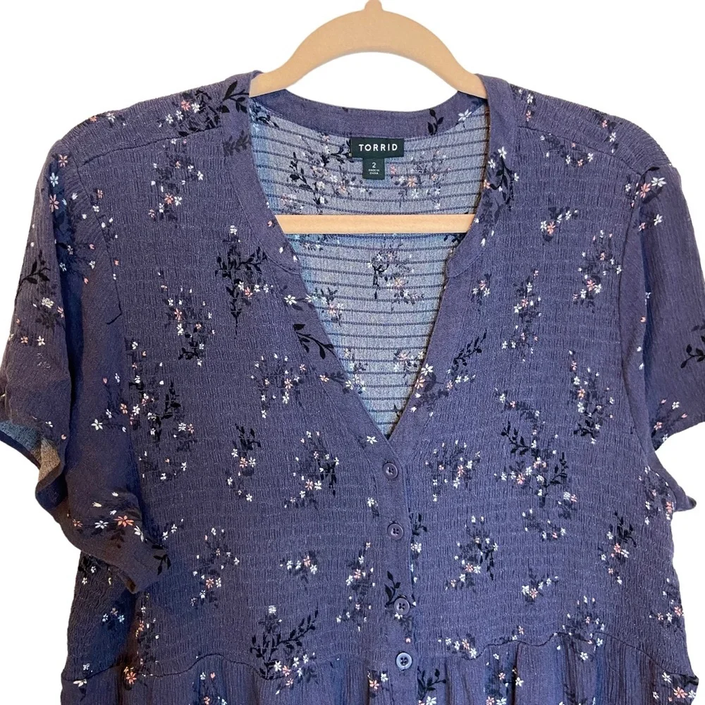 TORRID BABYDOLL GAUZE SMOCKED BUTTON-FRONT TOP Size 2 Plus Size Purple - Picture 8 of 13
